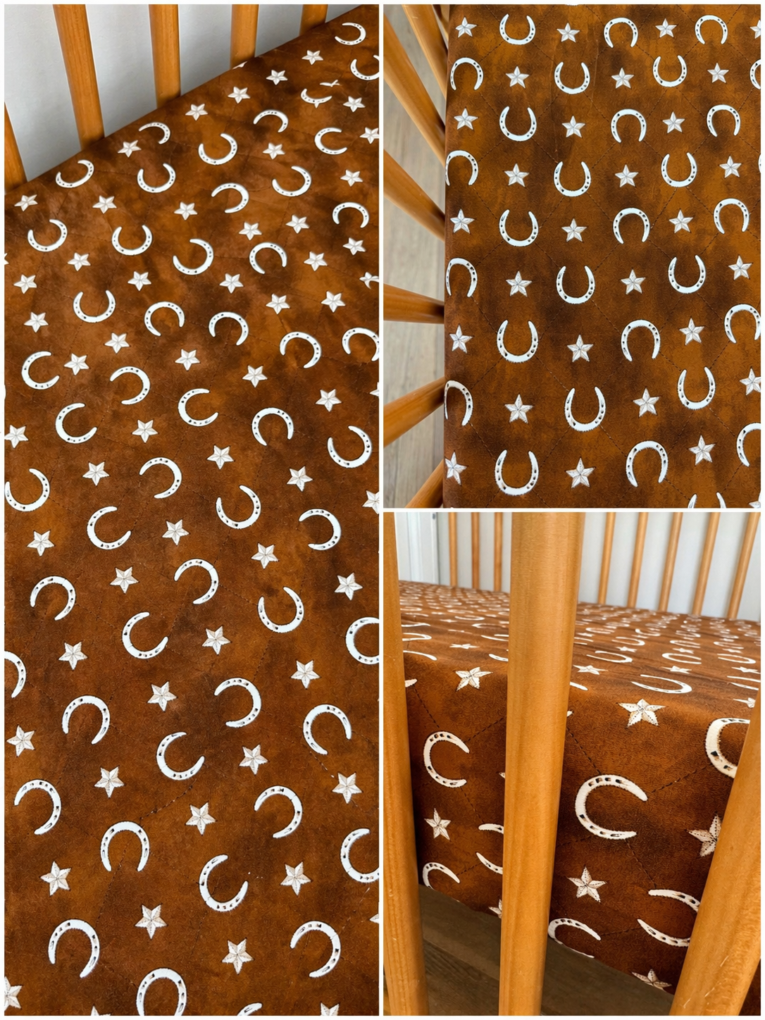 Brown crib sheet with white stars and crescent moon patterns, fitting snugly on a wooden crib.