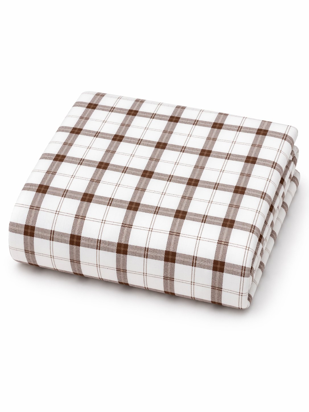 Brown and white plaid folded sheet set on a white background. Ideal for cozy bedroom decor.