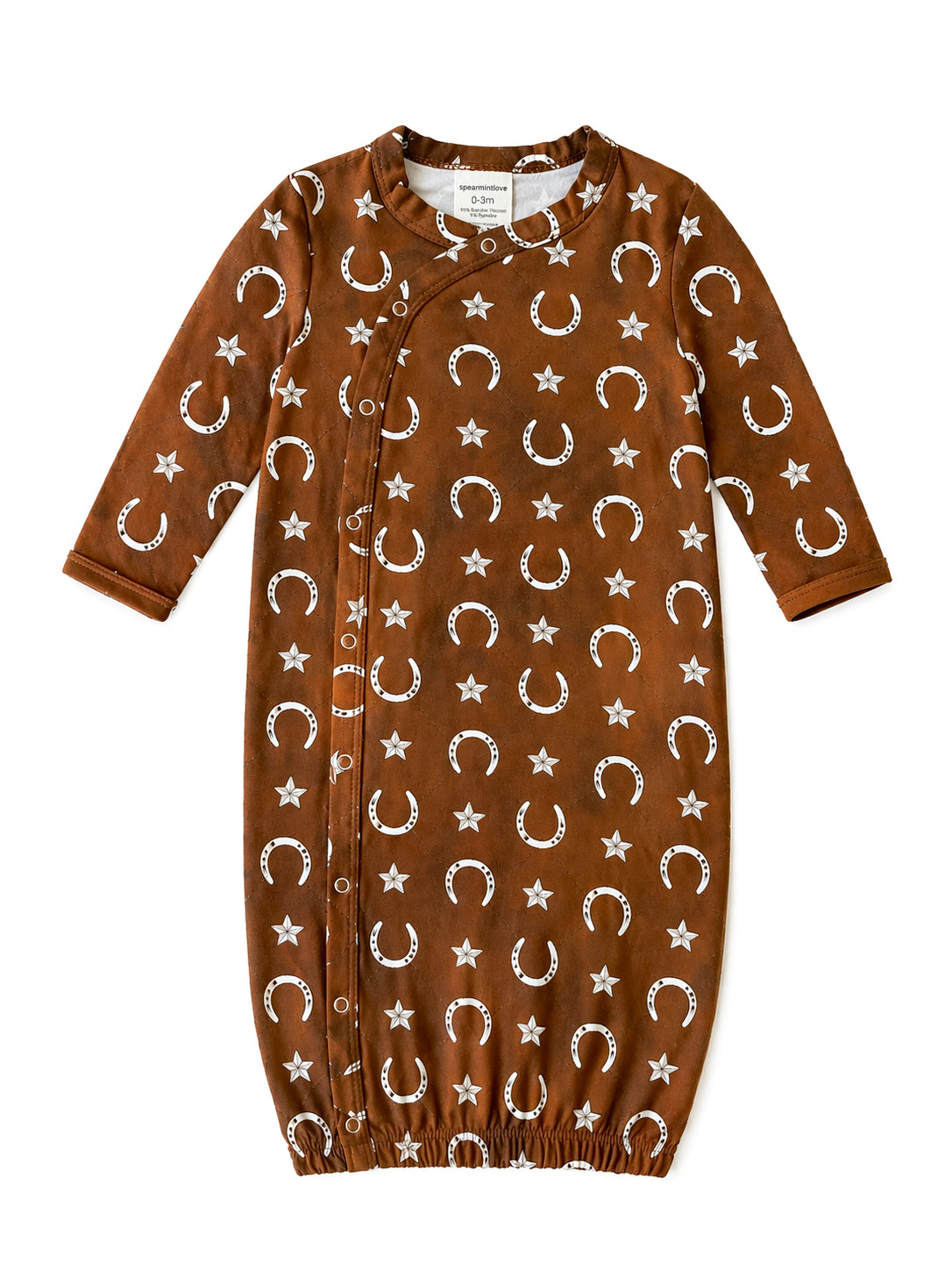Brown infant sleep sack with white star and horseshoe pattern, featuring a round neckline and snap closures.