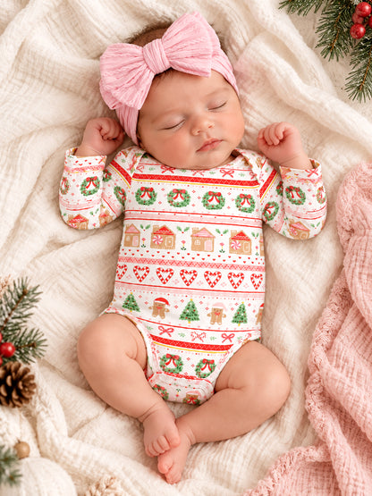Long Sleeve Bodysuit, Gingerbread Fair Isle Pink
