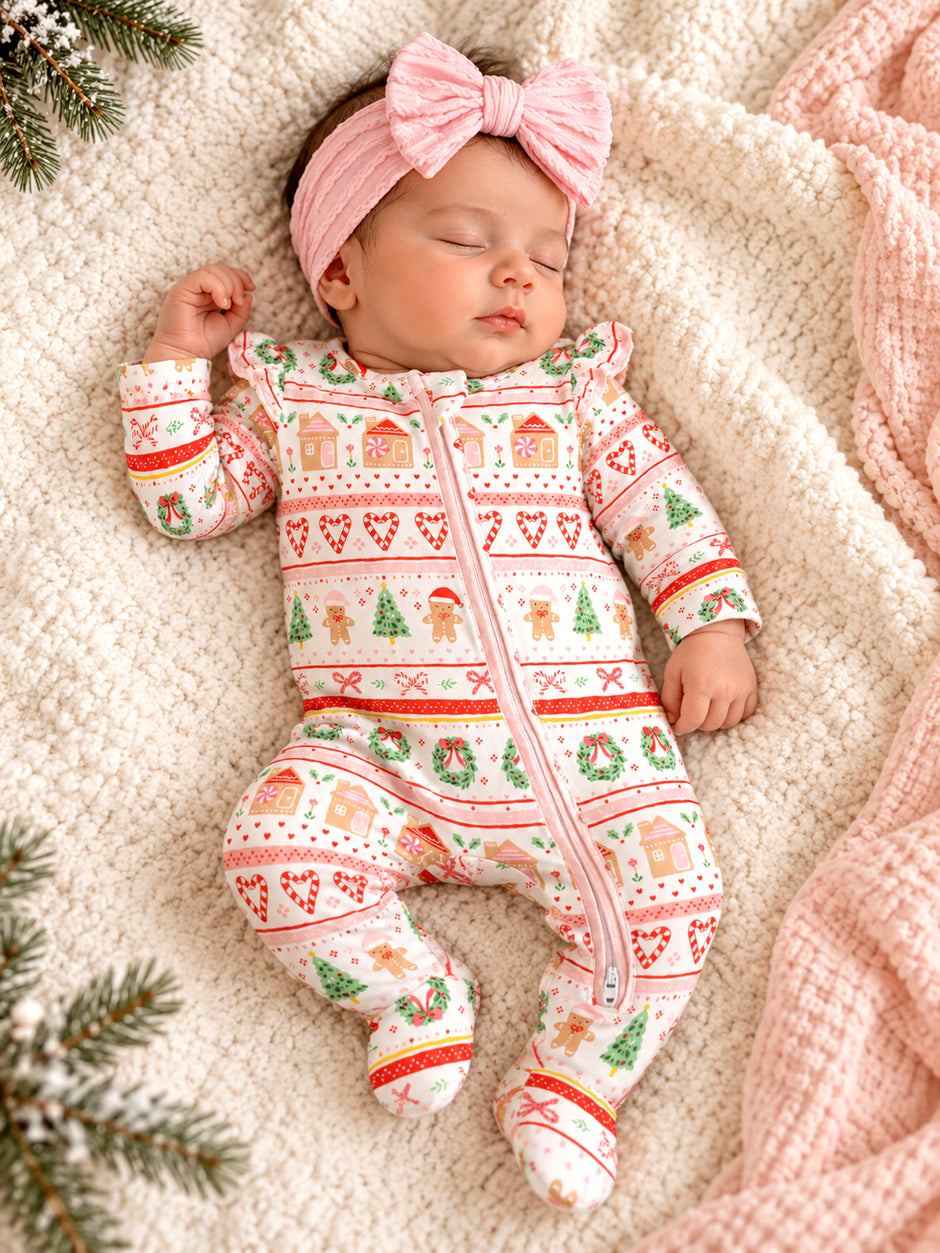Ruffle Sleeve 2-Way Zip Footie, Gingerbread Fair Isle Pink