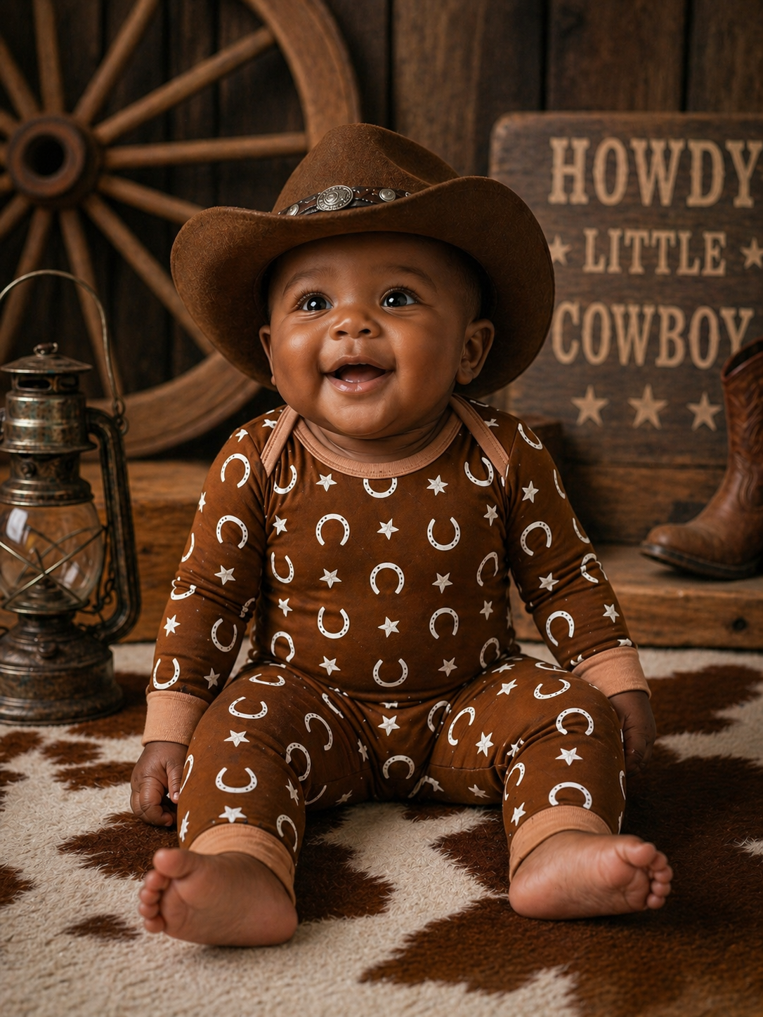 Smiling baby in a cowboy hat, wearing a brown outfit with stars and horseshoes, sitting on a patterned rug.