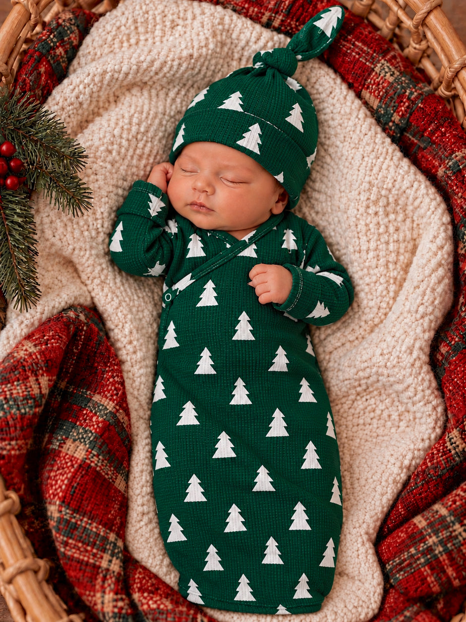Organic Waffle Gown & Hat Set, Spruce Trees