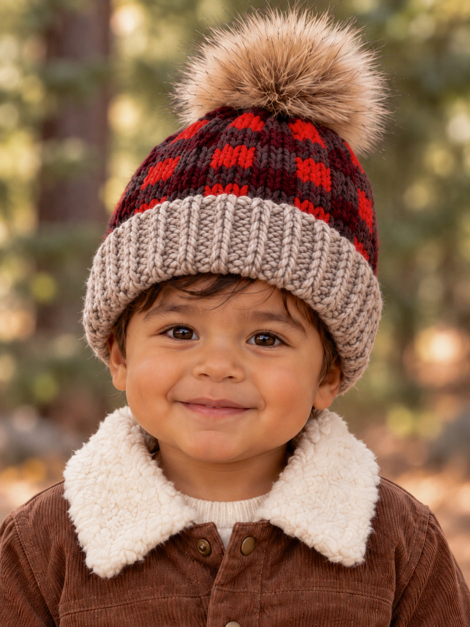 Red Buffalo Check Fur Pom Hat