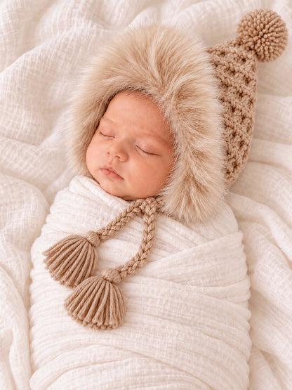 Fur Trimmed Bonnet, Latte