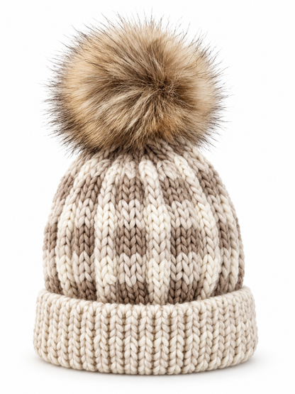 Buffalo Check Fur Pom Hat, Pebble