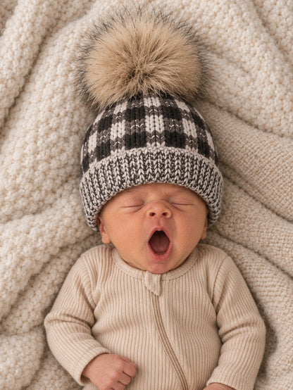Buffalo Check Fur Pom Hat, Grey