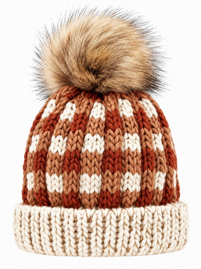 Buffalo Check Fur Pom Hat, Sienna