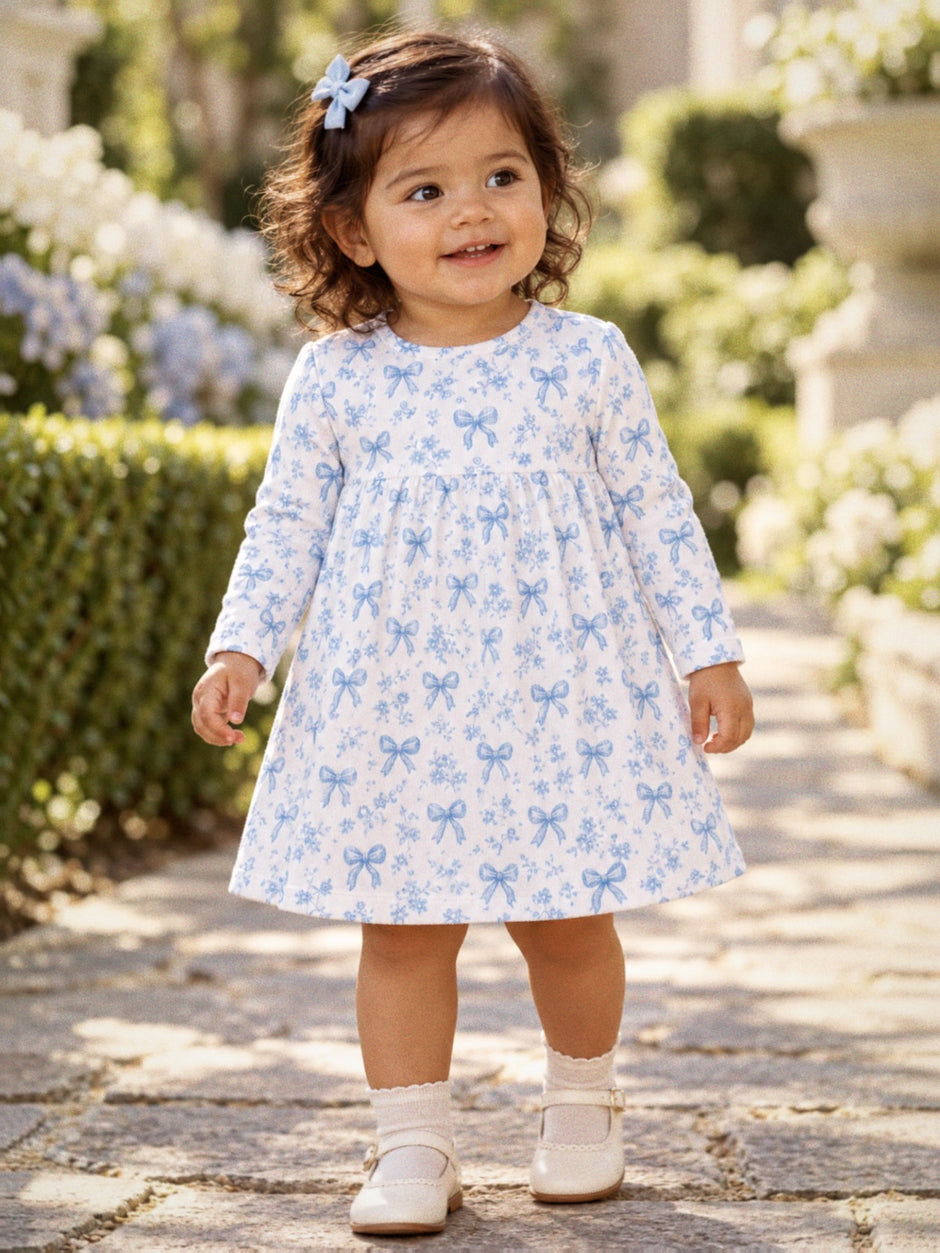 Ribbed Simple Dress & Bloomer, Blue Bows and Flowers