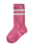 Pink striped sock featuring white stripes, designed for comfort and style.