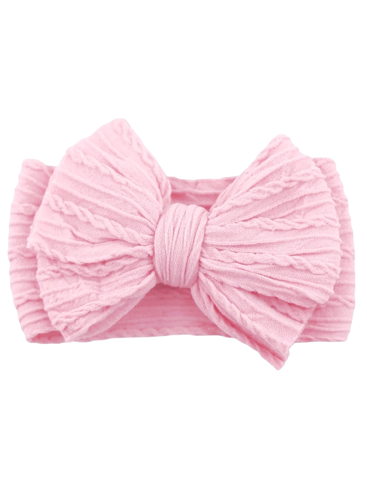 Pink textured hair bow with a knotted center, placed on a soft headband.