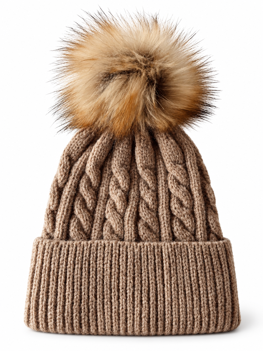 Cable Knit Fur Pom Hat, Walnut