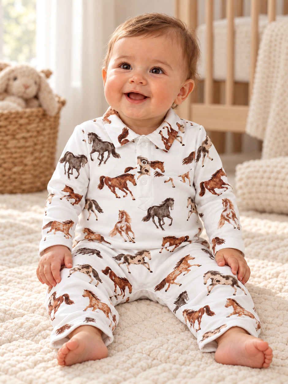 Long Sleeve Cowboy Romper, Wild Horses