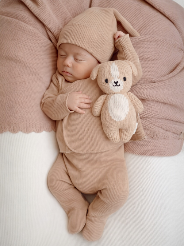 Baby in beige outfit and hat sleeping on a soft blanket, holding a plush toy dog. Cozy and peaceful scene.