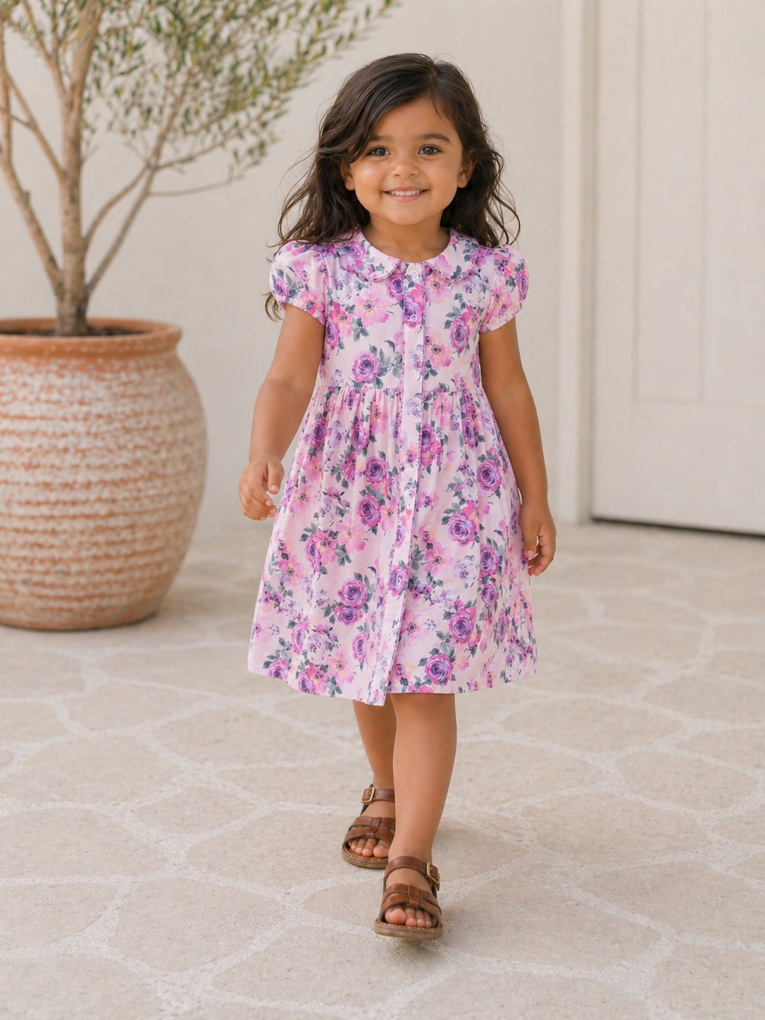 Smiling girl in a floral dress walks on a stone path, with a potted plant in the background.