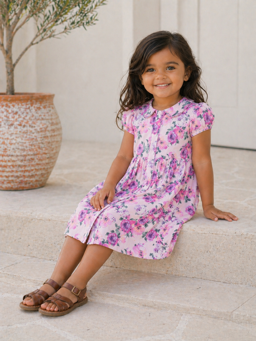 Smiling girl in a floral pink dress sits on a stone step by a potted plant.