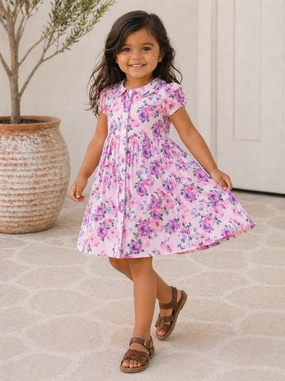 Young girl in a floral dress smiles and walks on a patterned surface, with a plant in the background.