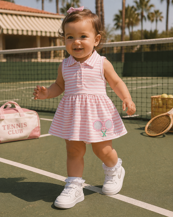 Smiling toddler in a striped dress and sneakers on a tennis court, surrounded by tennis equipment.