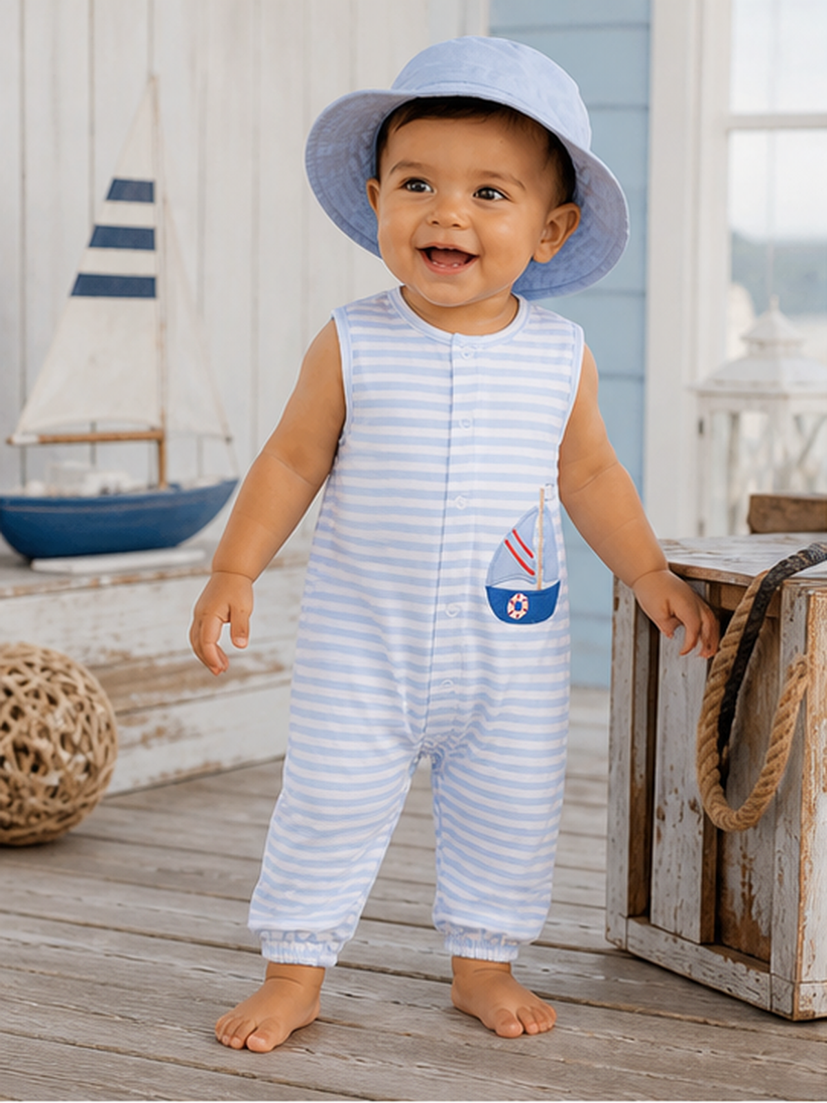 Smiling baby in a striped romper and blue hat stands on a wooden deck with nautical decor in the background.