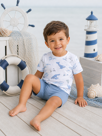 Smiling boy in whale-print shirt and blue shorts, sitting by seaside decor, with a lighthouse and lifebuoy in background.