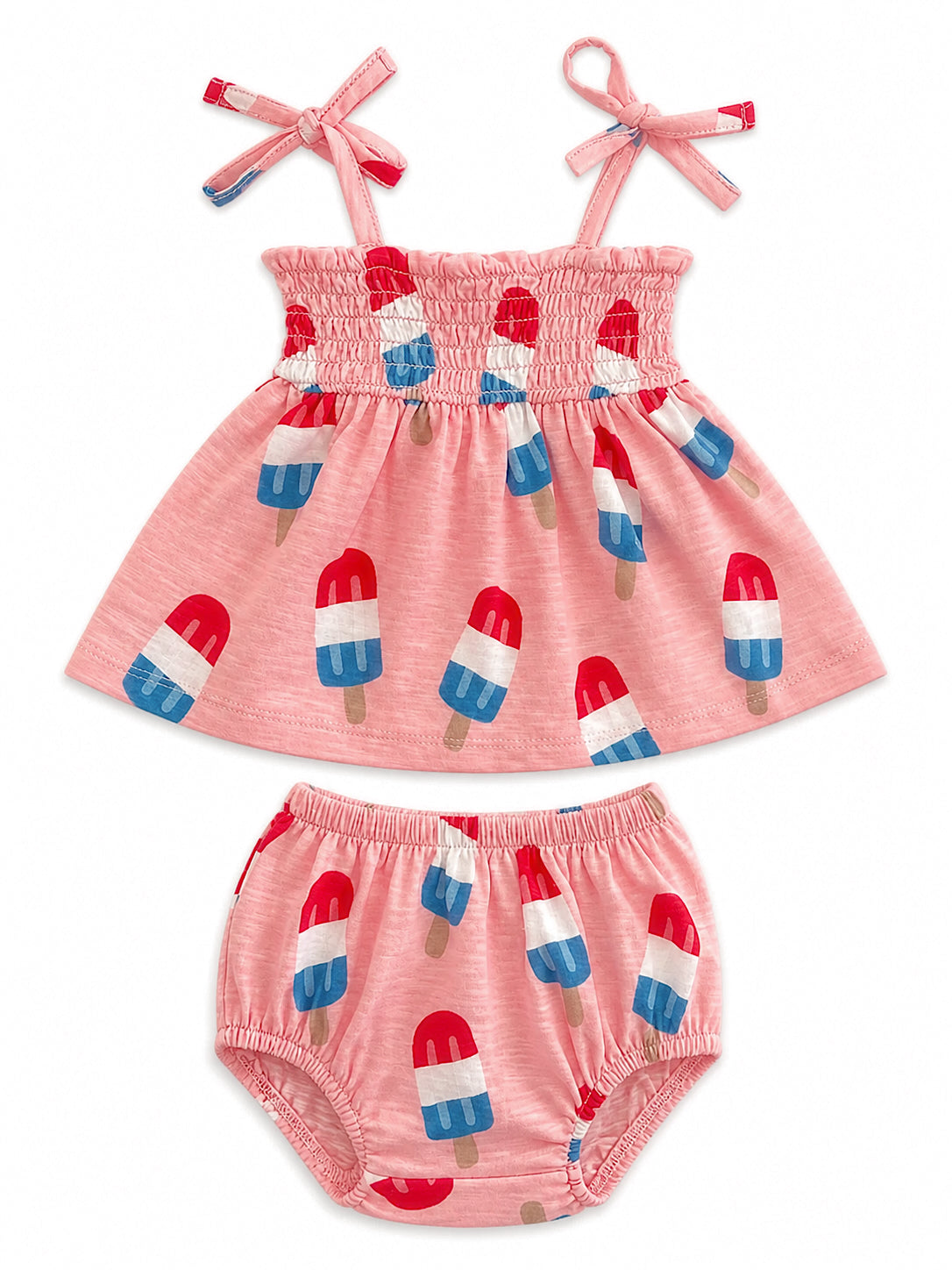 Pink toddler two-piece outfit featuring popsicle print, with a smocked top and matching bloomers.