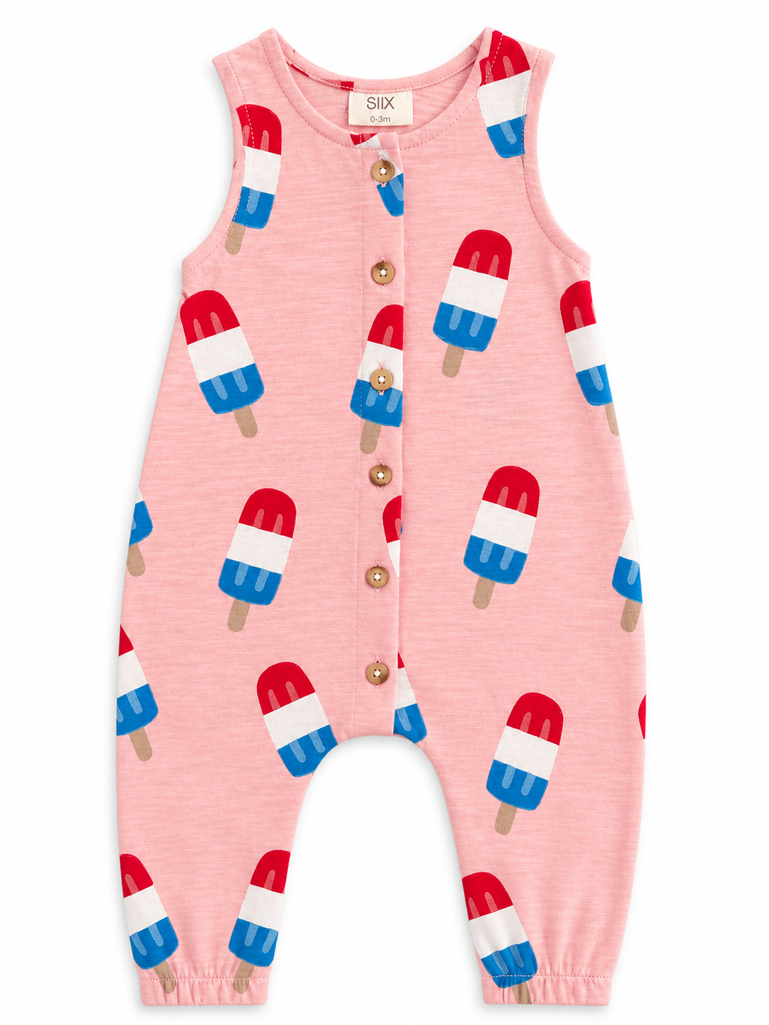 Pink baby romper with popsicle print and wooden buttons, suitable for ages 0-3 months.