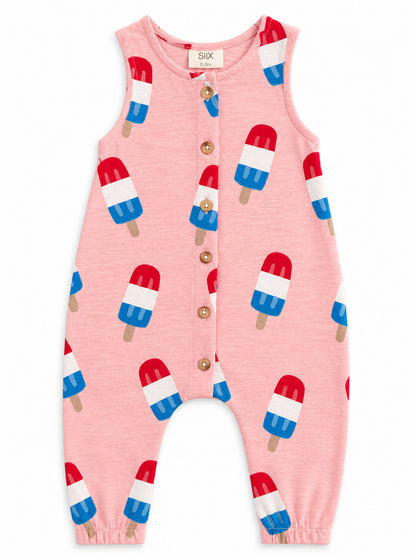 Pink baby romper with popsicle print and wooden buttons, suitable for ages 0-3 months.