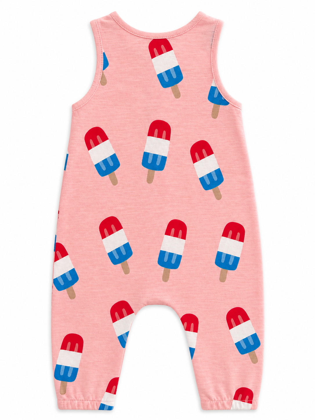 Pink romper with colorful popsicle prints in red, white, and blue patterns. Perfect for summer wear.
