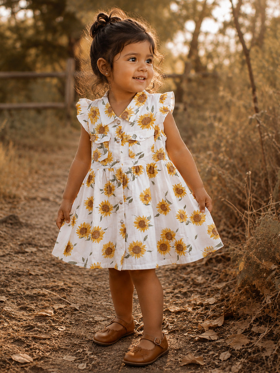 Smiling toddler in a sunflower-patterned dress stands on a path, surrounded by warm, golden foliage.
