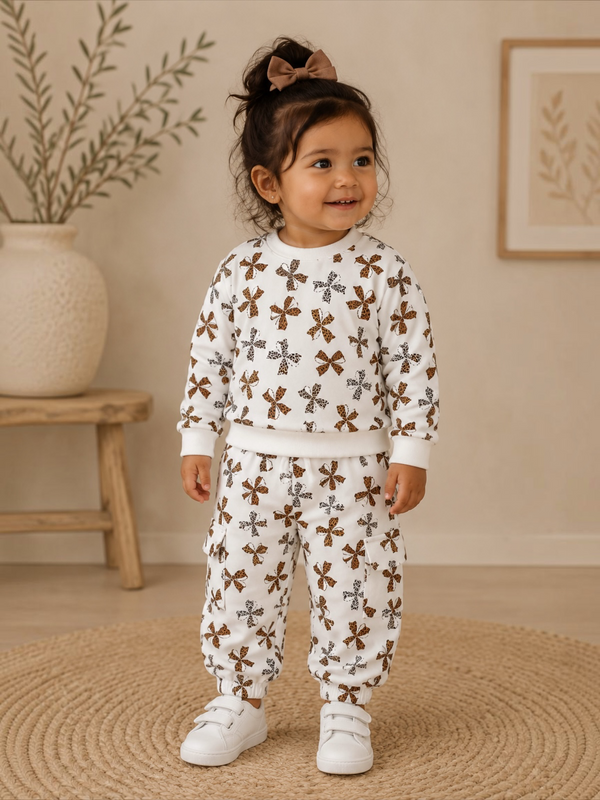 Toddler girl smiling in a floral print outfit with white sneakers, standing on a round rug in a cozy room.