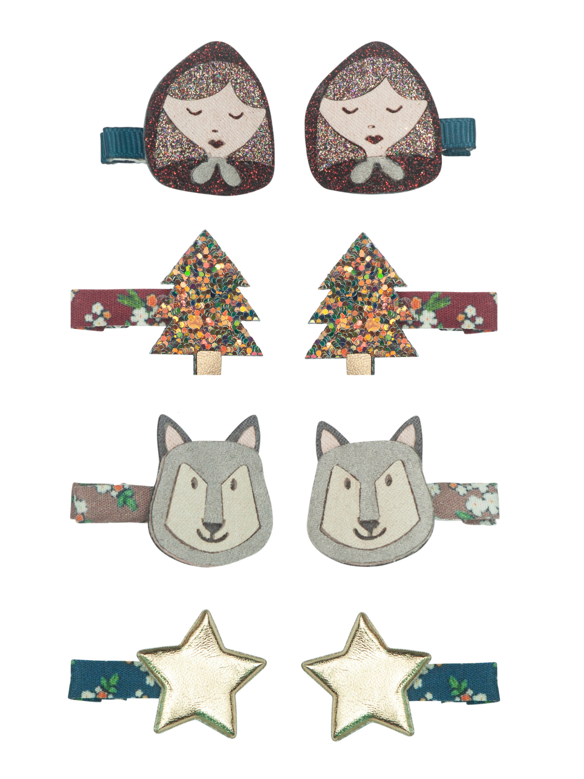 Colorful hair clips featuring a girl, tree, wolf, and star designs. Ideal for creative hairstyles.