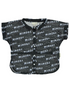 Black shirt featuring the word "Mimosa" in a repeated pattern, with buttons down the front and short sleeves.