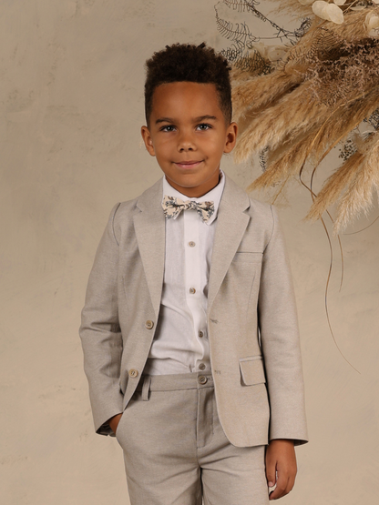Smiling boy in a light gray suit and bow tie, standing in front of a textured background with dried plants.