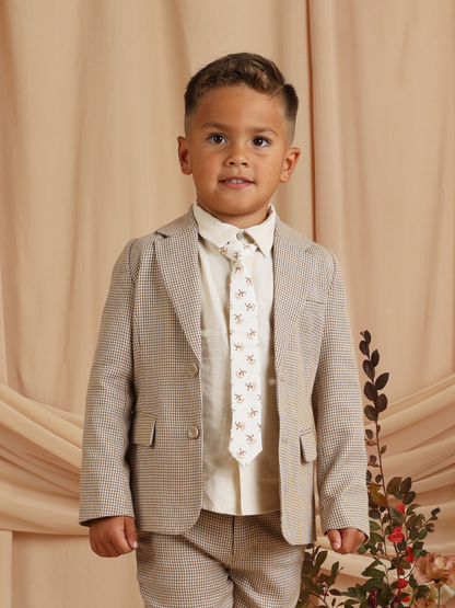 Smiling boy in a checked suit with a patterned tie, standing against a soft, neutral background.