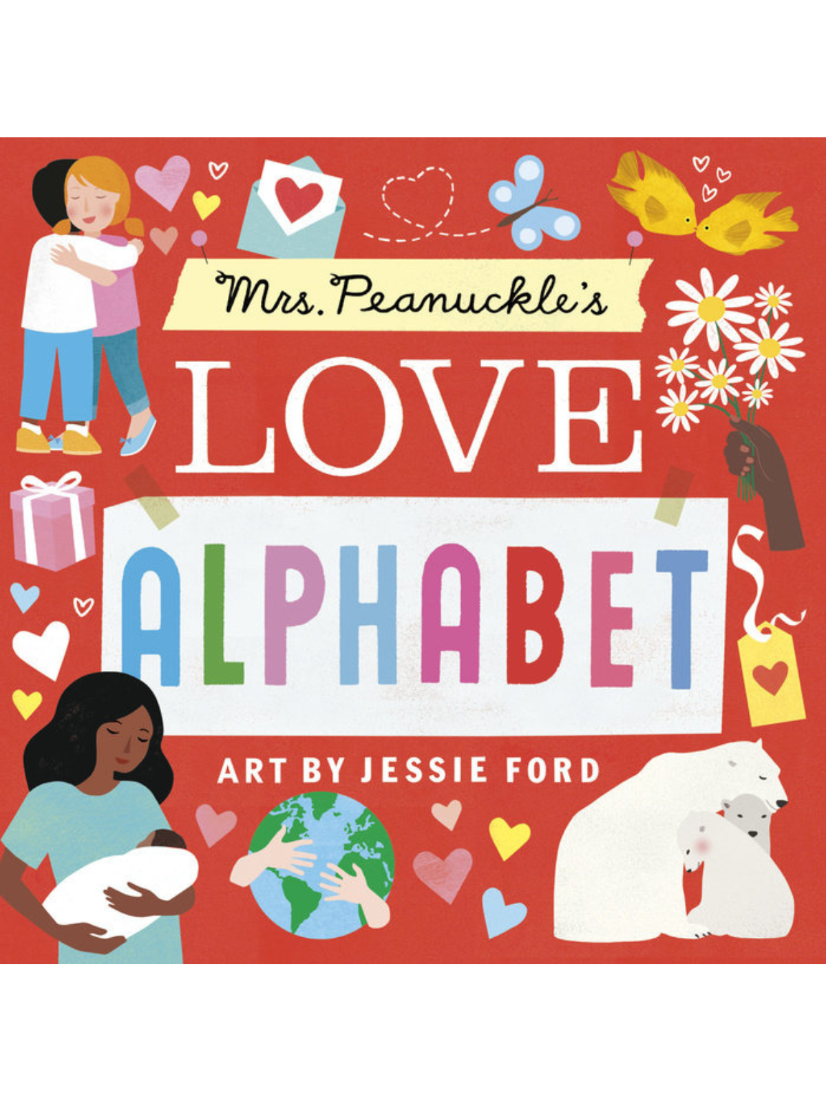 Cover of "Mrs. Peanuckle's Love Alphabet," featuring diverse characters and symbols of love on a red background.