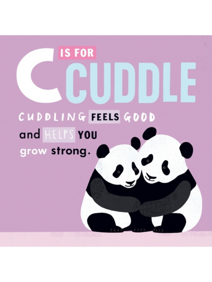 Illustration featuring two cuddling pandas with text about cuddling's benefits on a pastel background.