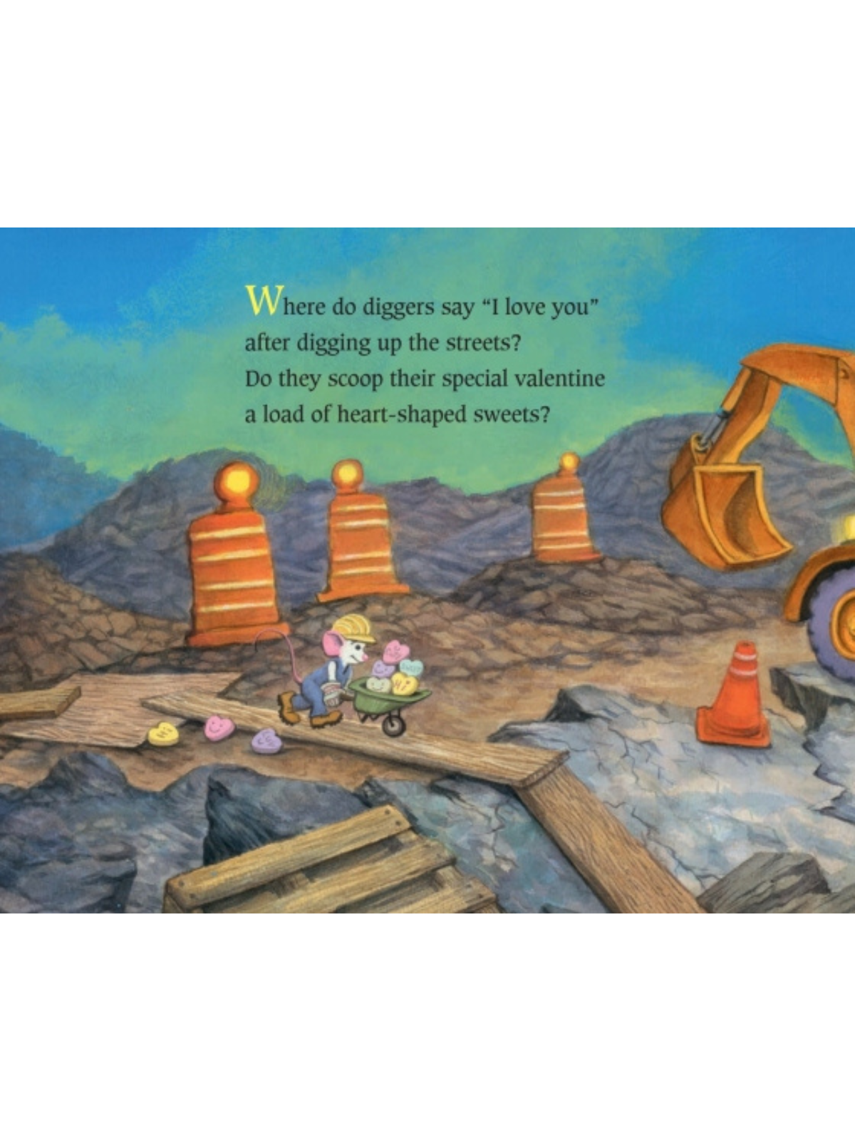 Construction scene with a mouse in a hard hat pushing a wheelbarrow full of heart-shaped candies among traffic cones.