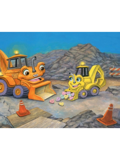 Two animated construction vehicles are on a rocky site, one sharing colorful heart-shaped candies with the other.