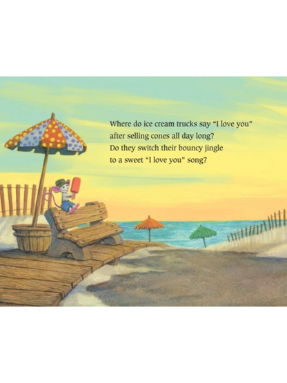 Illustration of a beach scene with colorful umbrellas, a bench, and a mouse holding an ice cream cone. Text prompts a whimsical question.