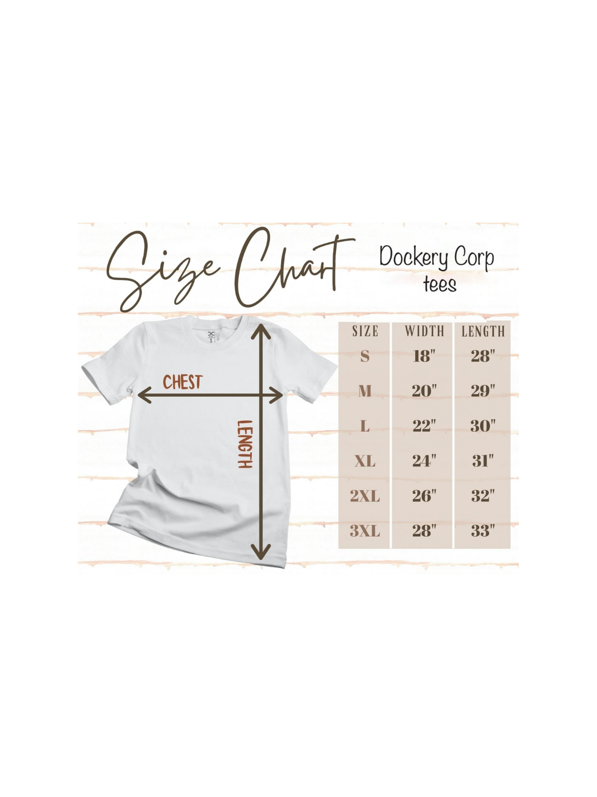 Size chart for Dockery Corp tees, displaying measurements for various sizes from S to 3XL.