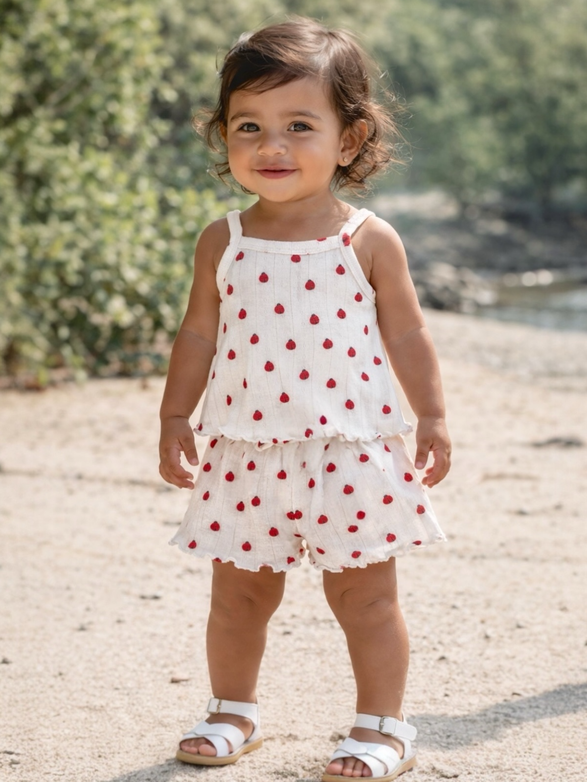 Smiling toddler in a red polka dot outfit stands on a sandy beach with greenery in the background.
