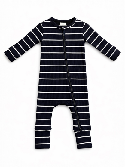 Navy and white striped infant onesie with long sleeves and a front zipper. Suitable for baby sleepwear.