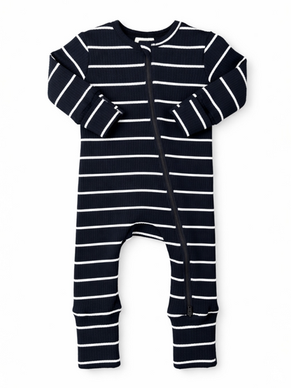 Navy striped baby onesie with long sleeves and front zipper, suitable for comfort and easy dressing.