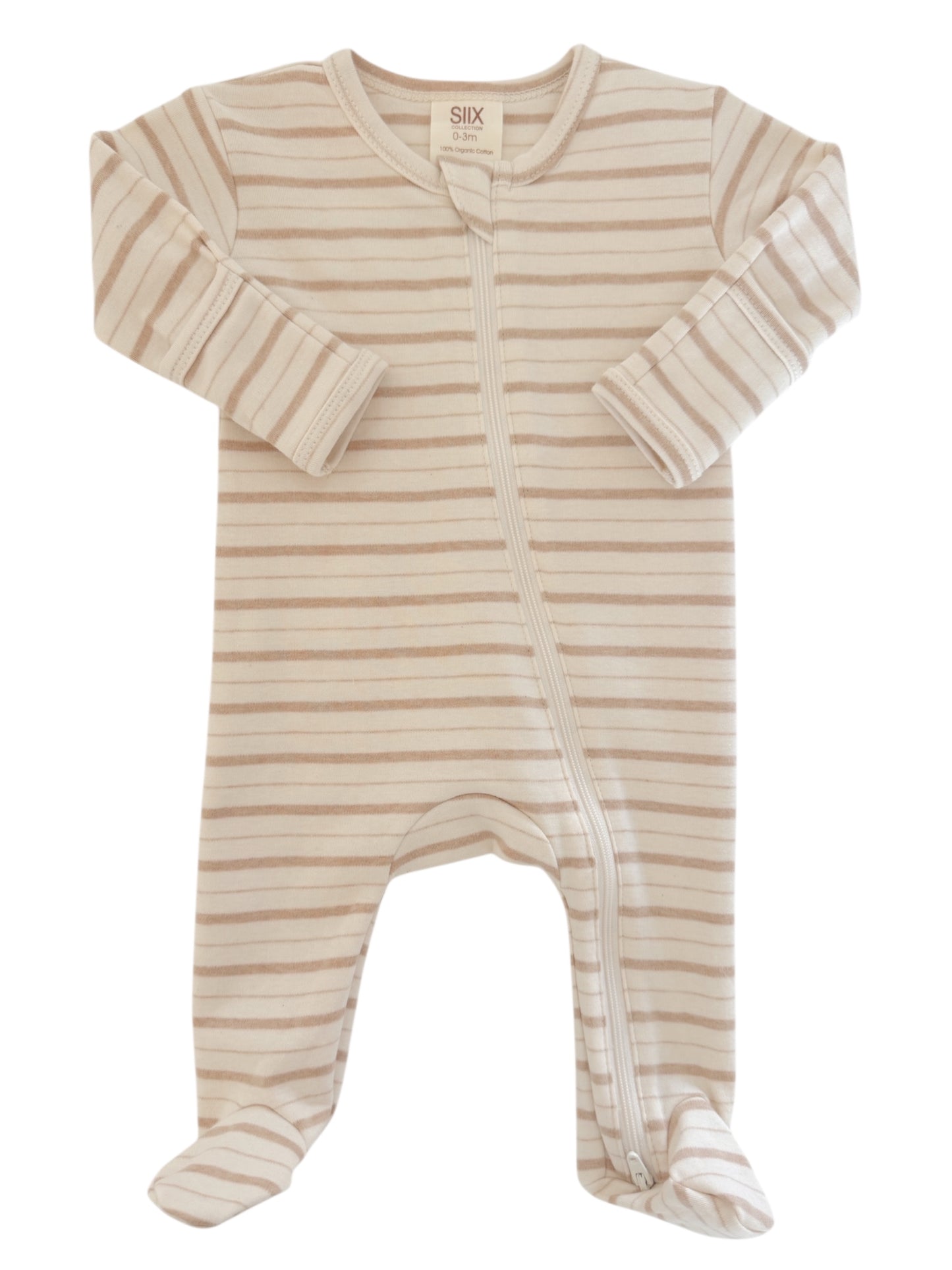 Beige and cream striped baby onesie with long sleeves and a front zipper. Suitable for infants 0-3 months.