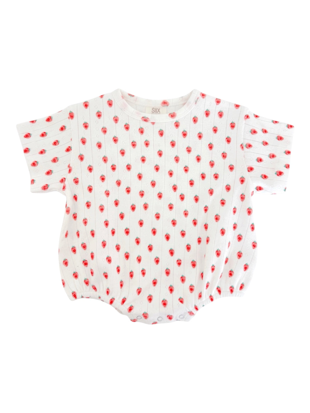 White short-sleeve shirt with a red strawberry print throughout. Soft and comfy fabric, ideal for casual wear.