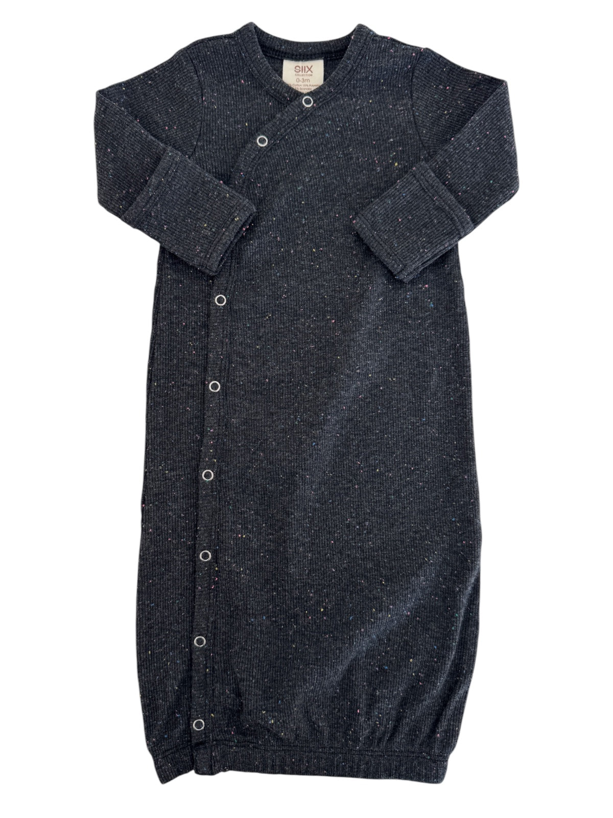 Dark gray baby sleep sack with colorful speckles and snap buttons, designed for comfort and ease.