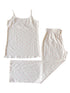 Lightweight sleepwear set featuring a tank top and matching pants with pink heart patterns on a white background.