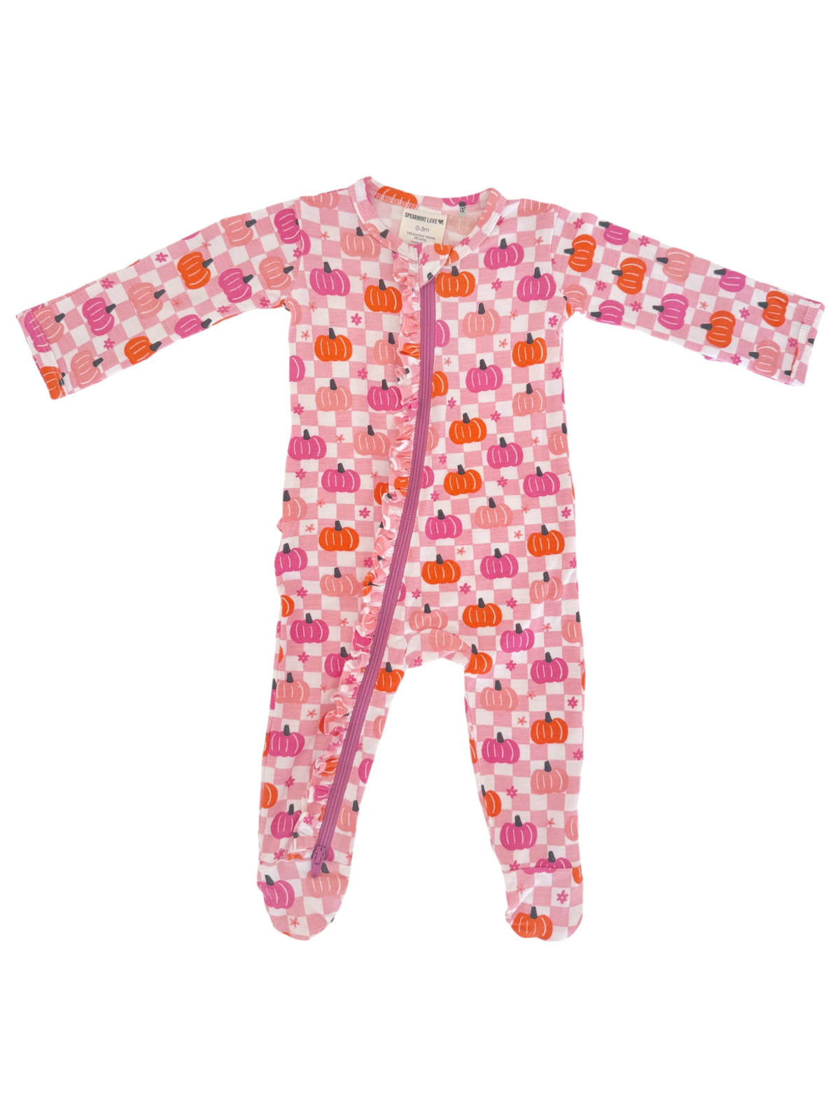 Pink baby onesie with pumpkin print and a front zipper, featuring long sleeves and footed design.
