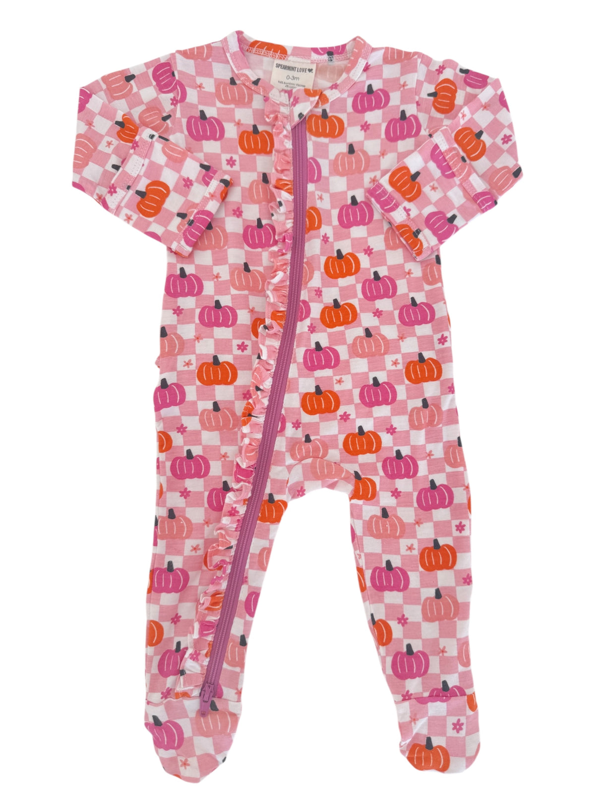 Pink baby onesie with pumpkin pattern and a front zipper, featuring ruffles along the opening.