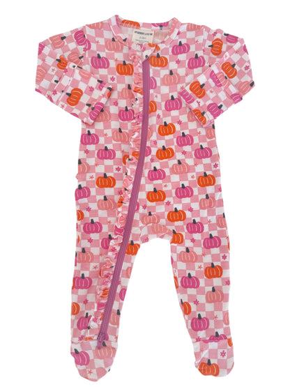 Pink baby onesie with pumpkin pattern and a front zipper, featuring ruffles along the opening.